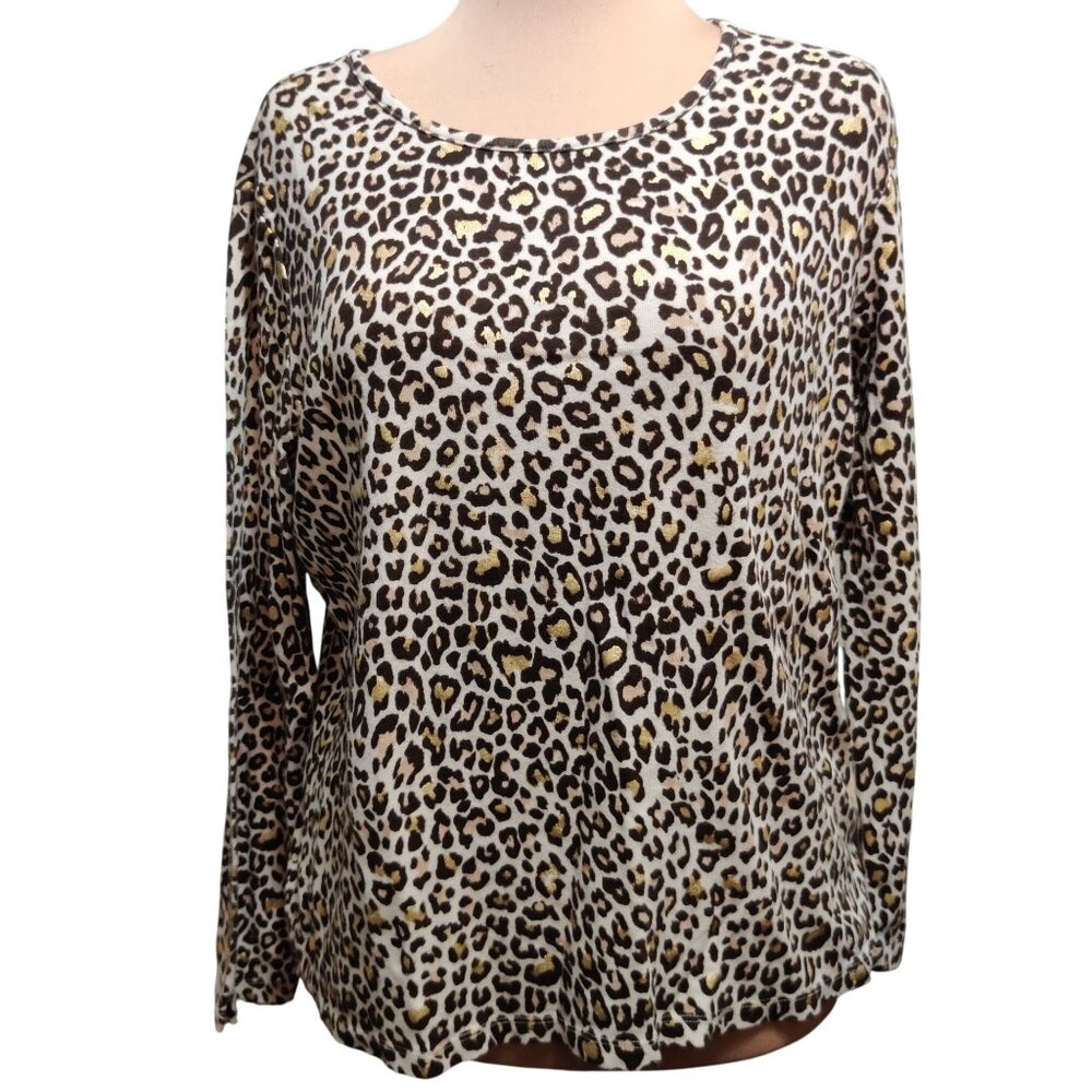 White Stag XXL Leopard Print Gold Foil Long Sleeve Scoop Neck Stretch Knit Top